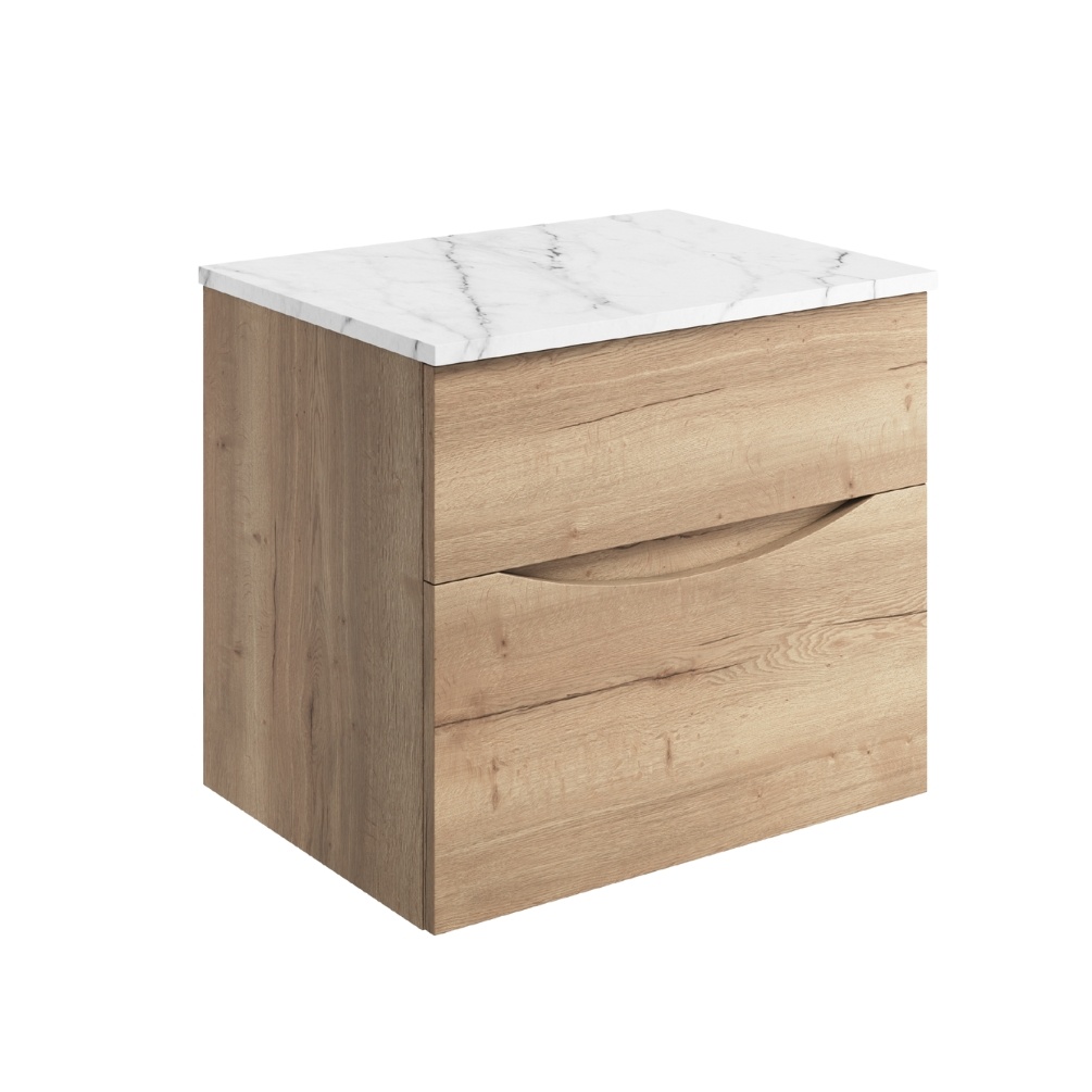 Product Cut out image of the Crosswater Glide II Windsor Oak 600mm Double Drawer Unit with Carrara Marble Worktop